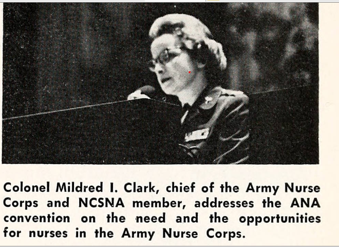 Photograph of Mildred Clark addressing the ANA convention, 1966.