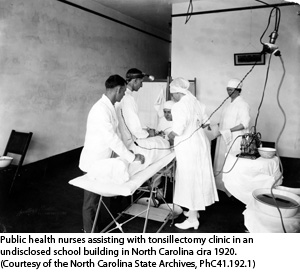 Public health nurses assisting with tonsillectomy clinic, circa 1920